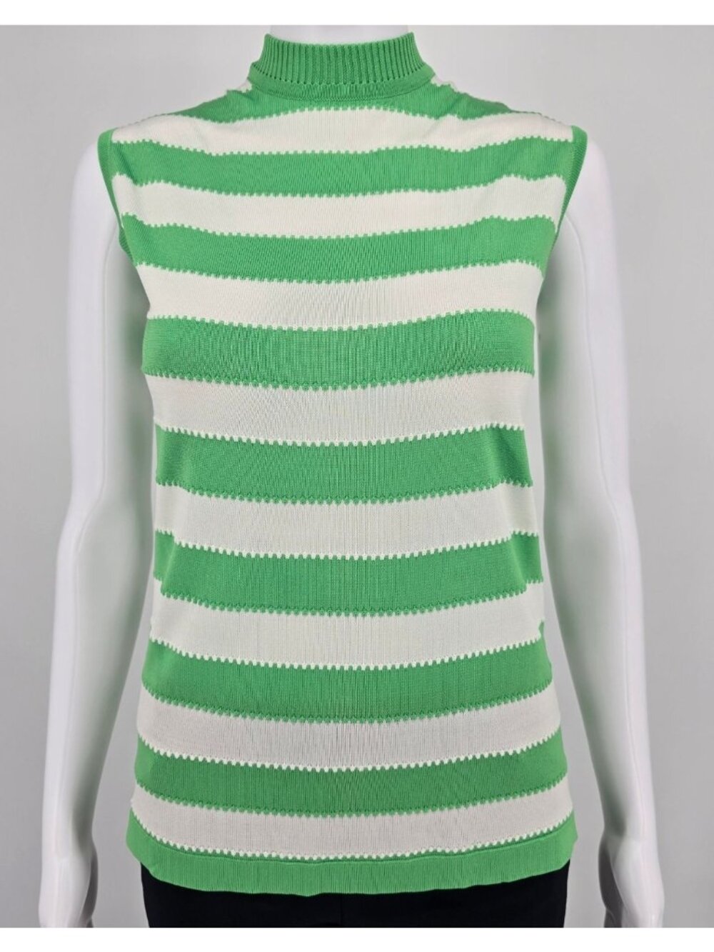 Vintage 1960s Hooper Associates Knit Green/White Striped Sleeveless Shell (S)